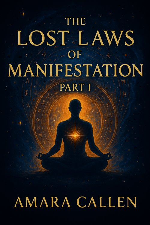 Book cover of 'The Lost Laws of Manifestation Part I' by Amara Callen with a silhouette of a meditating figure and mystical symbols.
