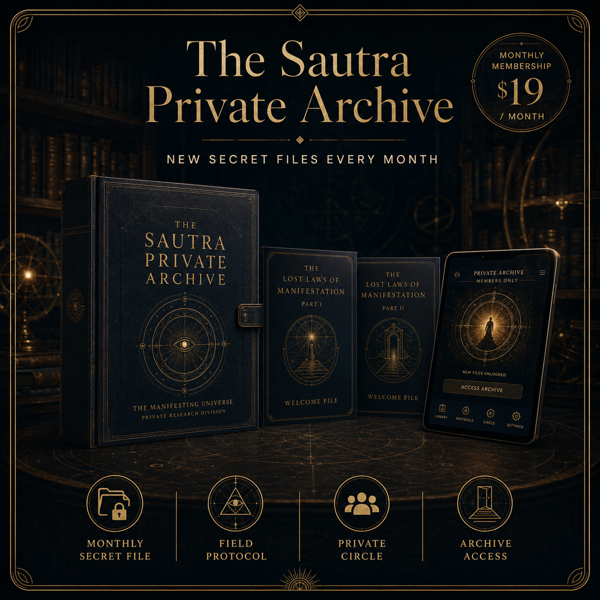 Promotional graphic for 'The Sautra Private Archive' showing a dark blue hardcover journal, a small welcome file, a love and art of manifestation part 1 book, and a digital app screen, all arranged on a dark shelf with gold decorative elements. Text at the top reads 'The Sautra Private Archive' and a badge says 'Monthly Membership $19 / Month'.