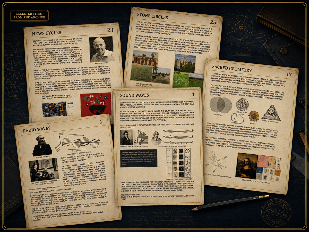 A tabletop display of printed educational cards titled 'Selected Films from the Archive,' arranged on a dark textured surface with a pencil and notebook nearby. The cards show aged parchment-style pages with text, diagrams, and small images, including one labeled 'Radio Waves,' one labeled 'Stone Circles,' and one labeled 'Sacred Geometry.