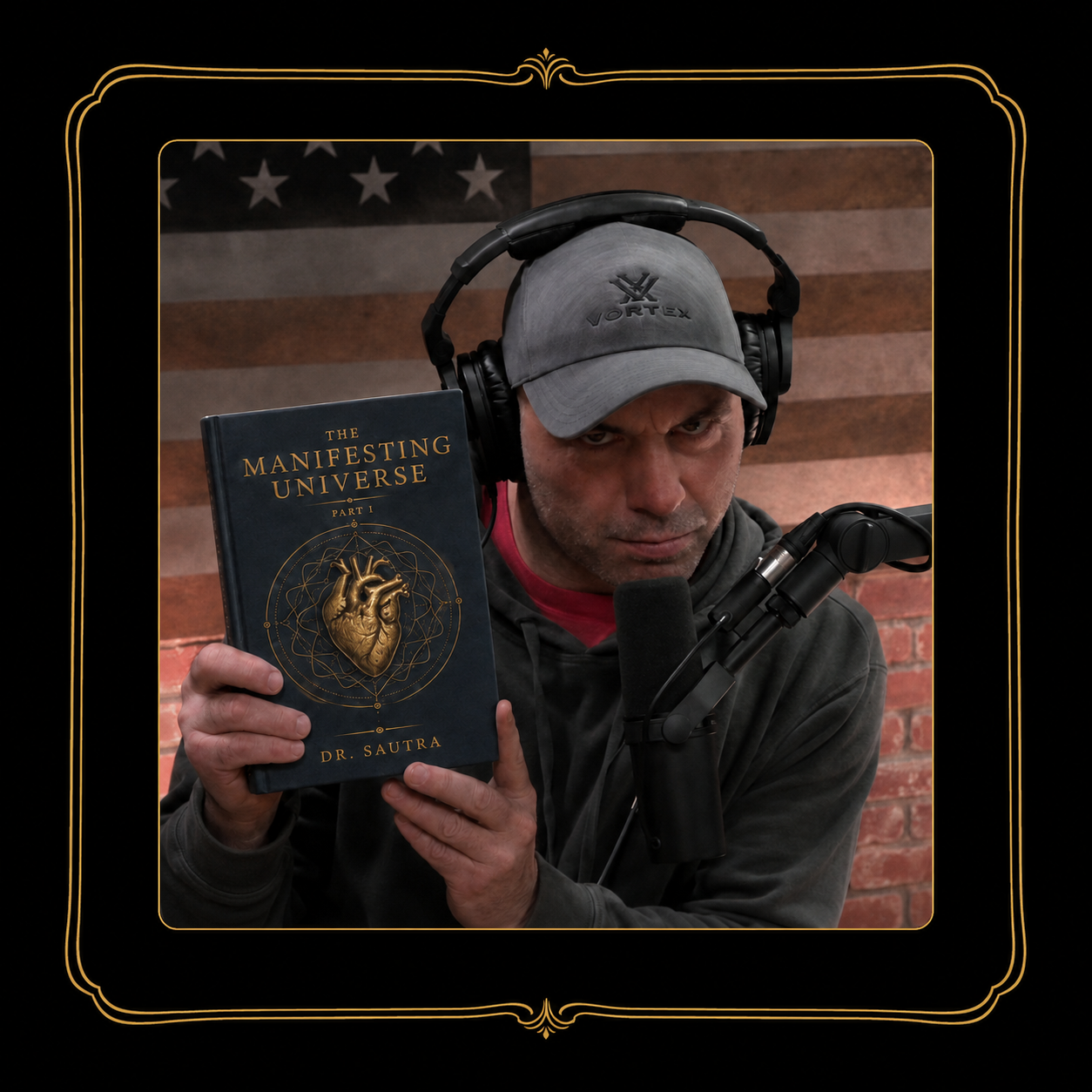 Famous person holding the book by Doctor Sautra called The Manifesting Universe and has angry face