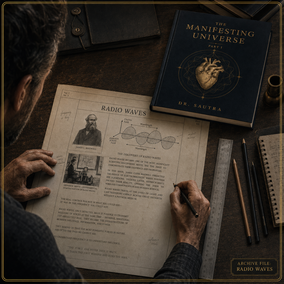 A person seated at a wooden desk reviews a vintage-style printed radio waves document while a dark blue hardcover book titled 'The Manifesting Universe Part 1' by Dr. Sautra lies nearby.