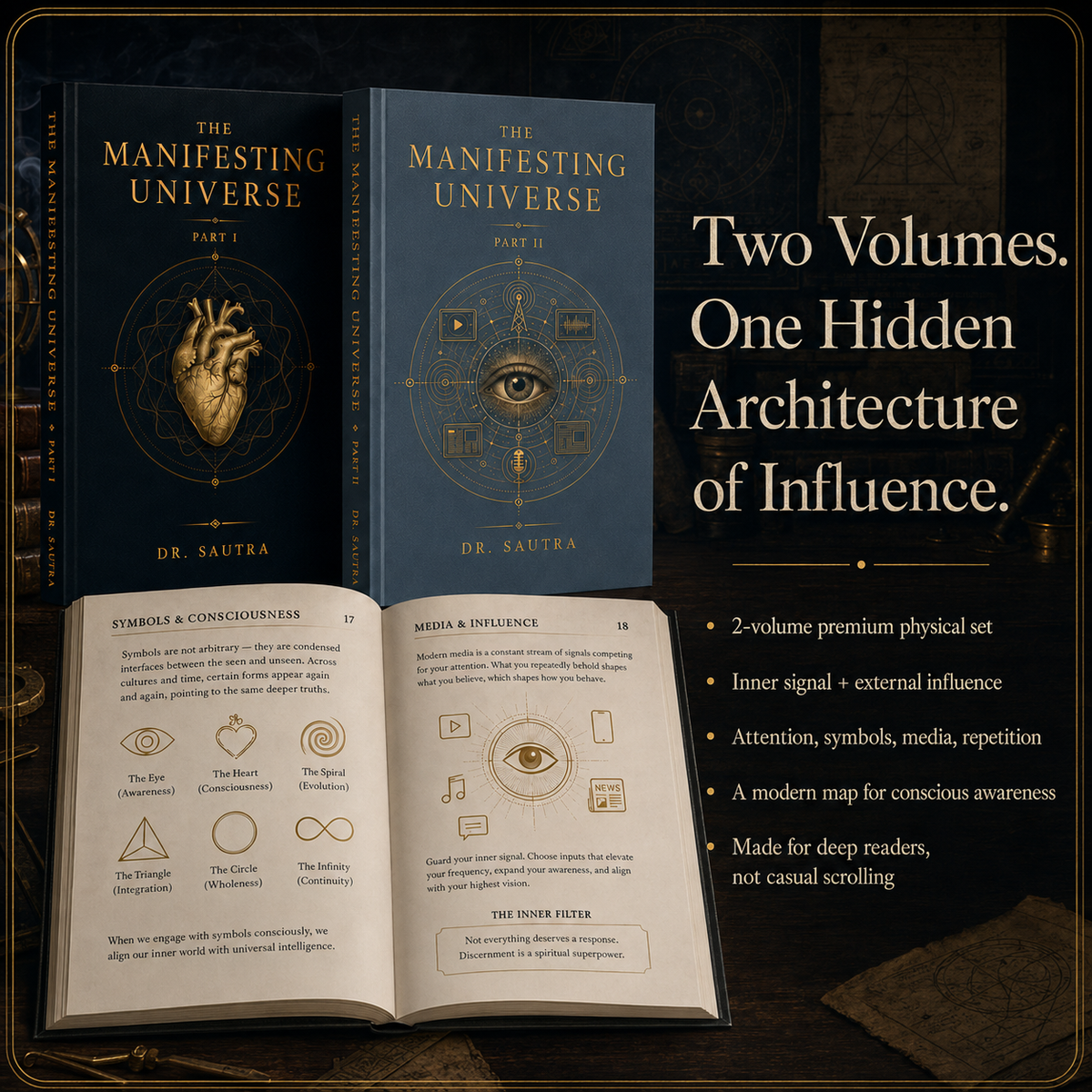 Two volumes of 'The Manifesting Universe' by Dr. Sautra displayed on a dark textured background, with one volume standing closed and the other open to show the interior pages.