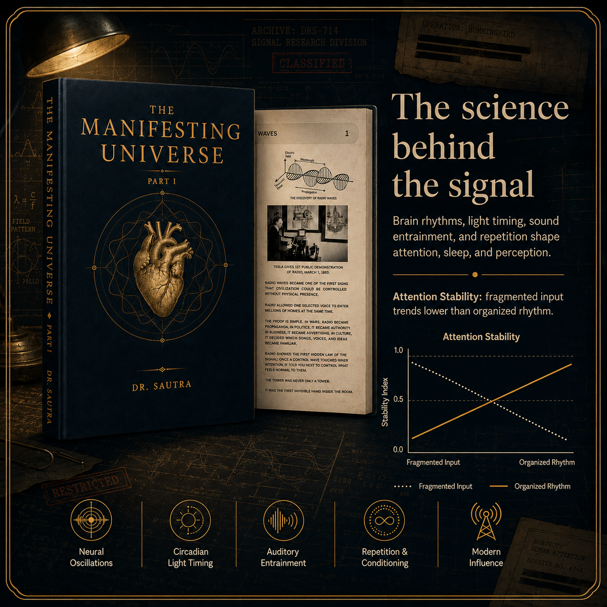 The book cover of 'The Manifesting Universe' by Dr. Sautra is displayed prominently on a dark, atmospheric background.