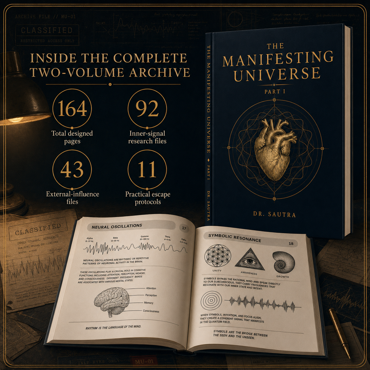 A promotional composite for a book titled "The Manifesting Universe" by Dr. Sautra, showing the dark navy cover with a gold anatomical heart and geometric design, an open preview page with diagrams, and marketing text reading "Inside the complete two-volume archive" with page and file counts.