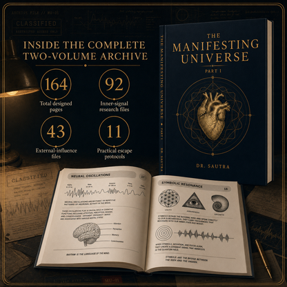A promotional composite for a book titled "The Manifesting Universe" by Dr. Sautra, showing the dark navy cover with a gold anatomical heart and geometric design, an open preview page with diagrams, and marketing text reading "Inside the complete two-volume archive" with page and file counts.