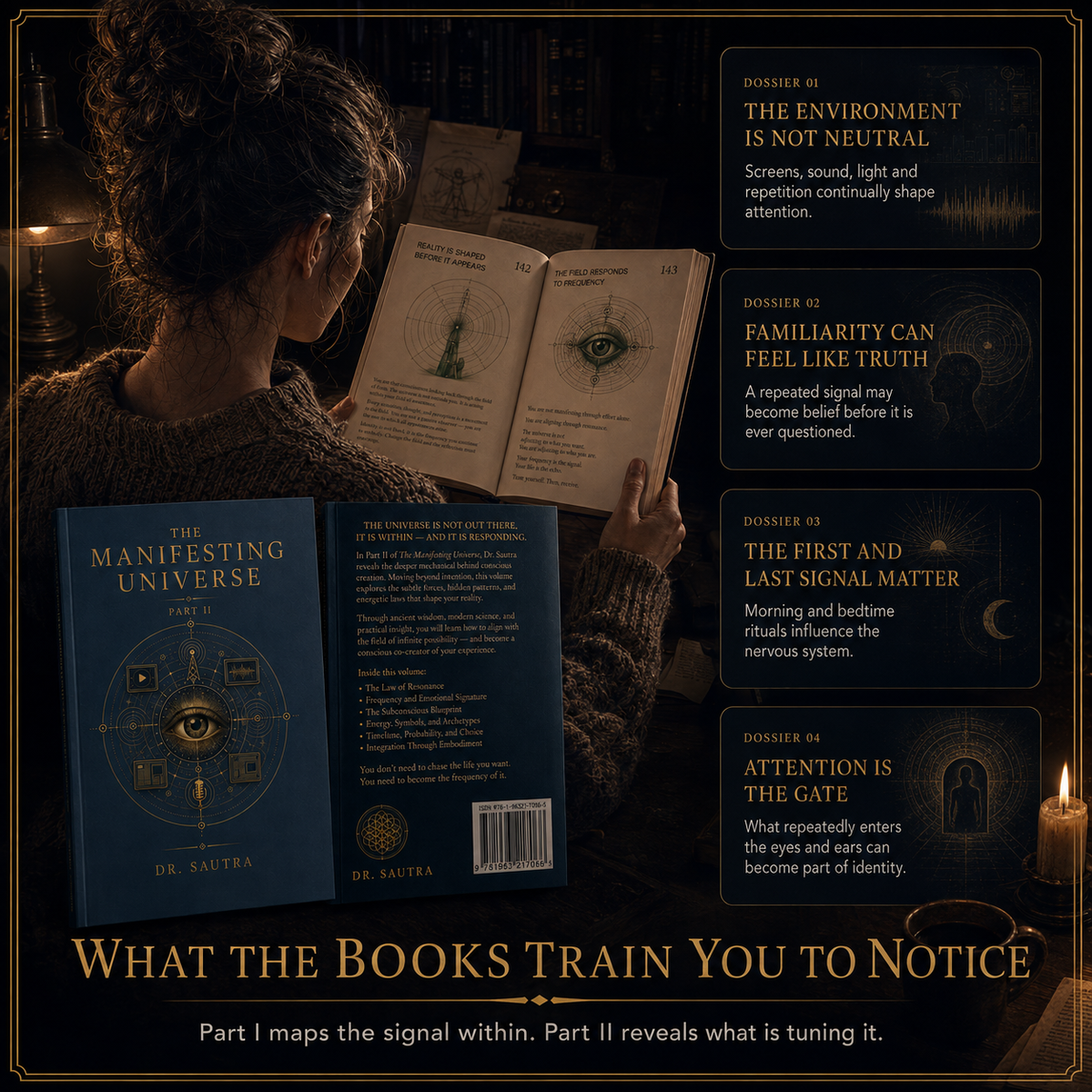 Book cover and back cover of 'The Manifesting Universe' by Dr. Aastha, displayed alongside several text callout panels with discussion questions about perception and signal processing, all arranged on a dark, atmospheric background with a person reading in the scene.