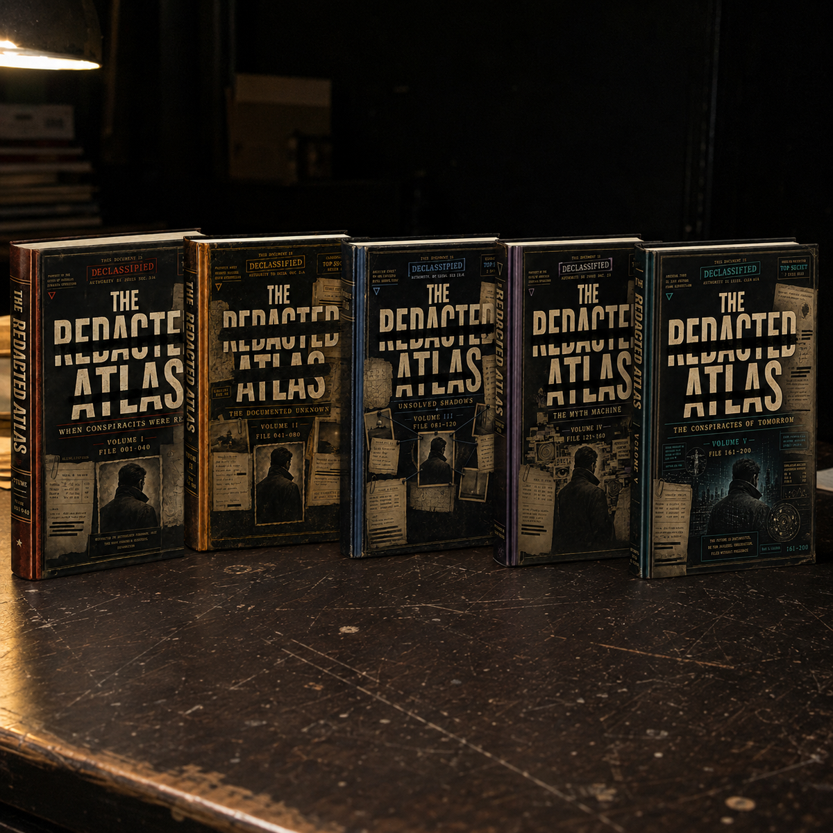 Five copies of 'The Redacted Atlas' book series by Dorian Varen arranged in a row on a dark wooden table in a dimly lit setting.