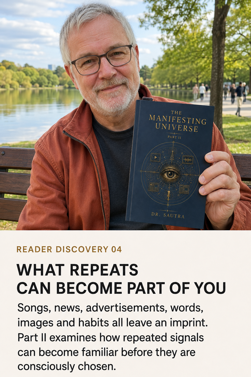 A man outdoors by a lake holds up a dark blue book titled 'The Manifesting Universe' by Dr. Saule.