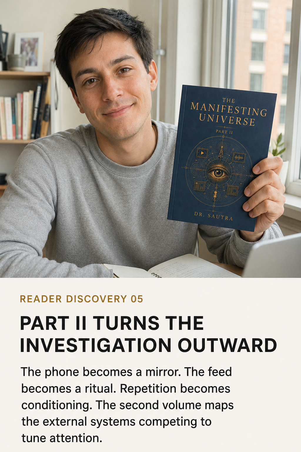 A man in a gray sweater holds up a book titled 'The Manifesting Universe' Part II, with a promotional text overlay at the bottom.
