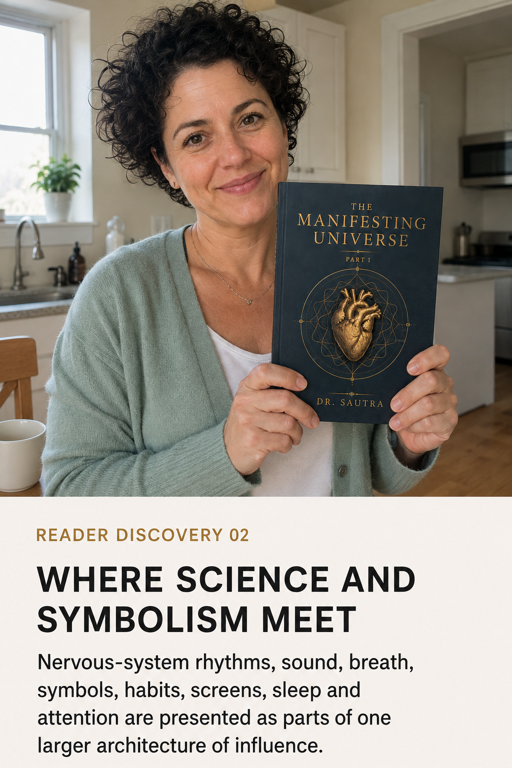 A woman in a kitchen setting holds up a book titled 'The Manifesting Universe' by Dr. Sautra.