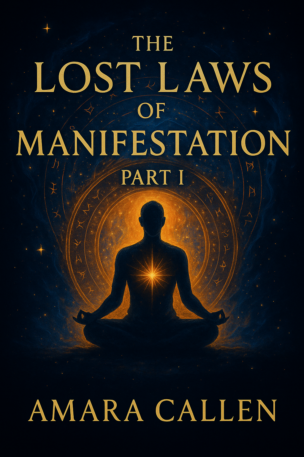 Book cover of 'The Lost Laws of Manifestation Part I' by Amara Callen with a silhouette of a meditating figure and mystical symbols.