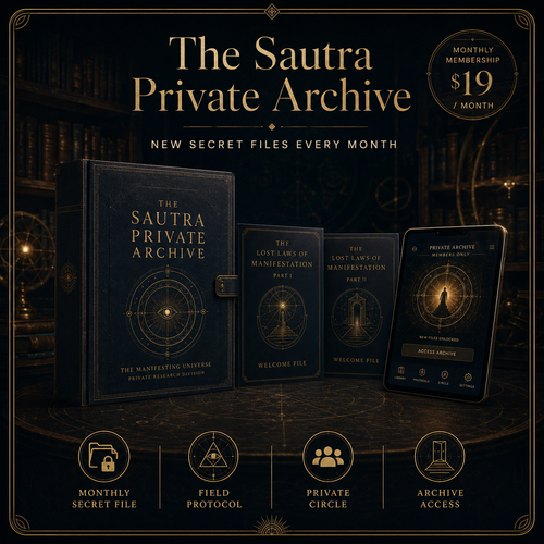 Promotional graphic for 'The Sautra Private Archive' showing a dark blue hardcover journal, a small welcome file, a love and art of manifestation part 1 book, and a digital app screen, all arranged on a dark shelf with gold decorative elements. Text at the top reads 'The Sautra Private Archive' and a badge says 'Monthly Membership $19 / Month'.