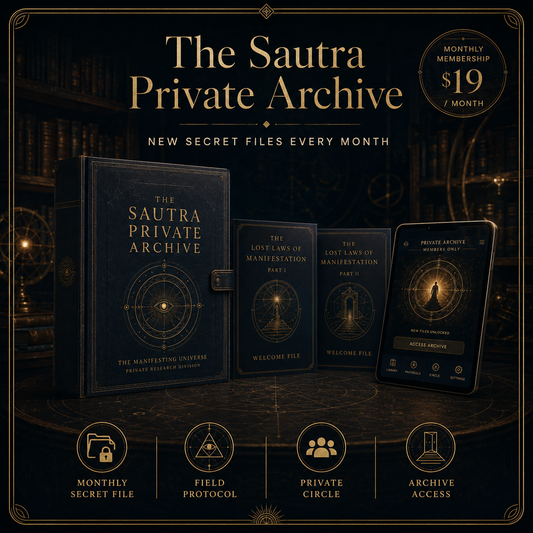 Promotional graphic for 'The Sautra Private Archive' showing a dark blue hardcover journal, a small welcome file, a love and art of manifestation part 1 book, and a digital app screen, all arranged on a dark shelf with gold decorative elements. Text at the top reads 'The Sautra Private Archive' and a badge says 'Monthly Membership $19 / Month'.