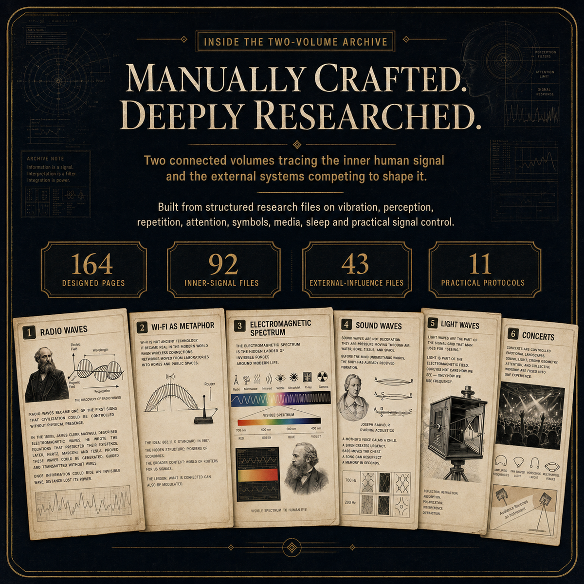 Promotional graphic for a two-volume archive book set, featuring a dark ornate background with large cream text reading 'Manually Crafted. Deeply Researched.