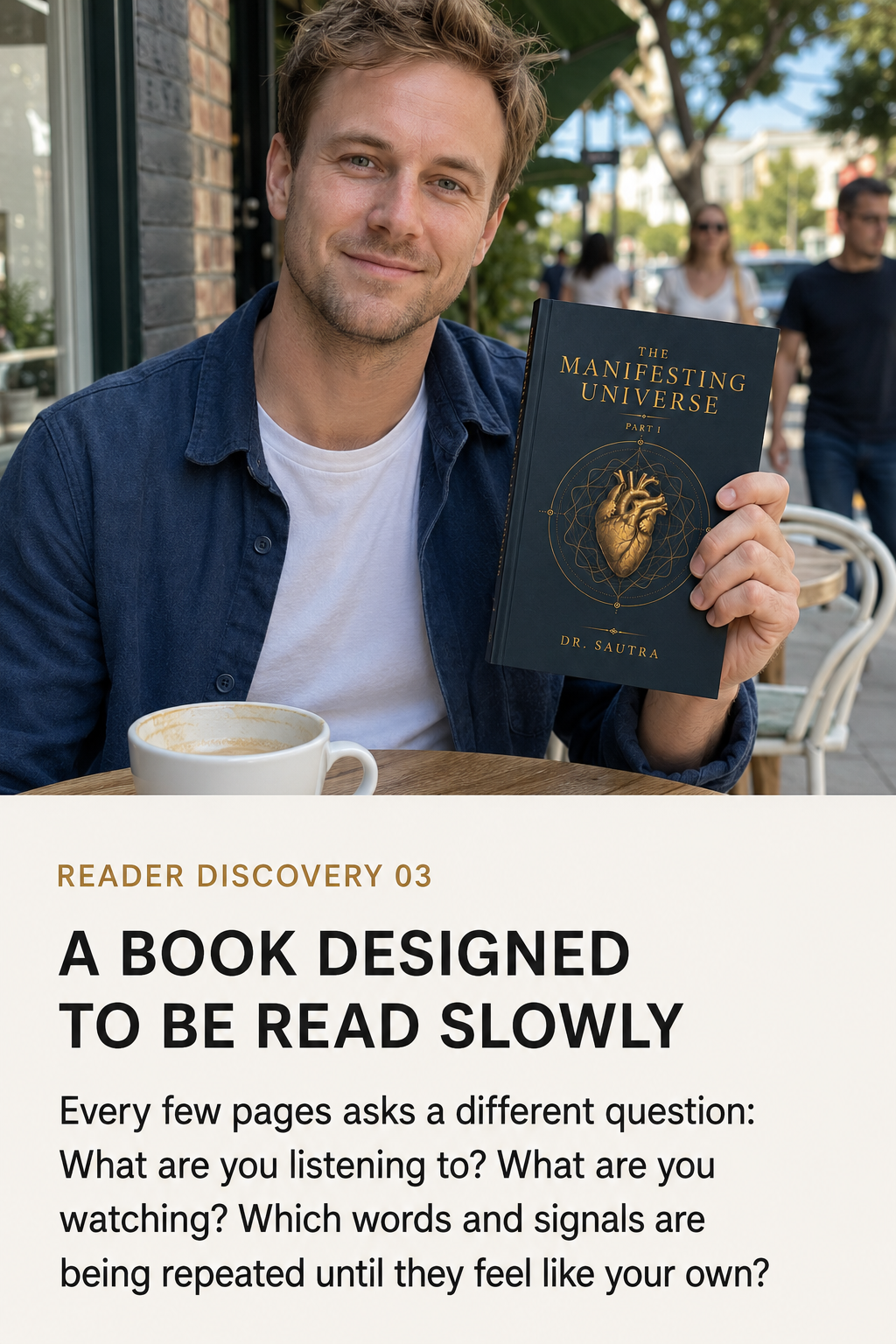 A man sitting at an outdoor cafe holds up a book titled 'The Manifesting Universe' by Dr. LaVara.