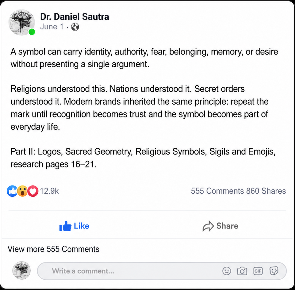 A screenshot-style graphic of a Facebook post by Dr. Daniel Sautra, with text about symbols, religions, and logos, shown inside a black rounded square with a gold border on a black background.