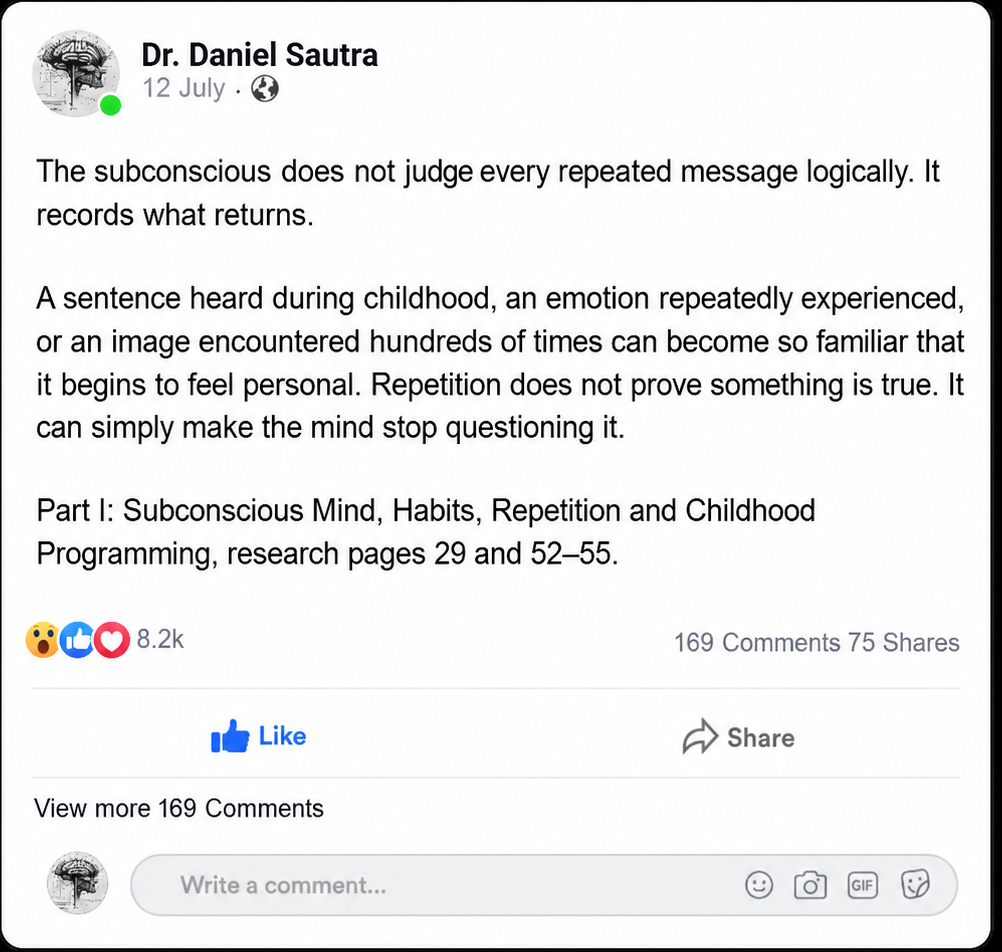 A screenshot-style preview of a Dr. Daniel Sautra social media post about subconscious mind habits and repetition, shown inside a black rounded square with a gold border.