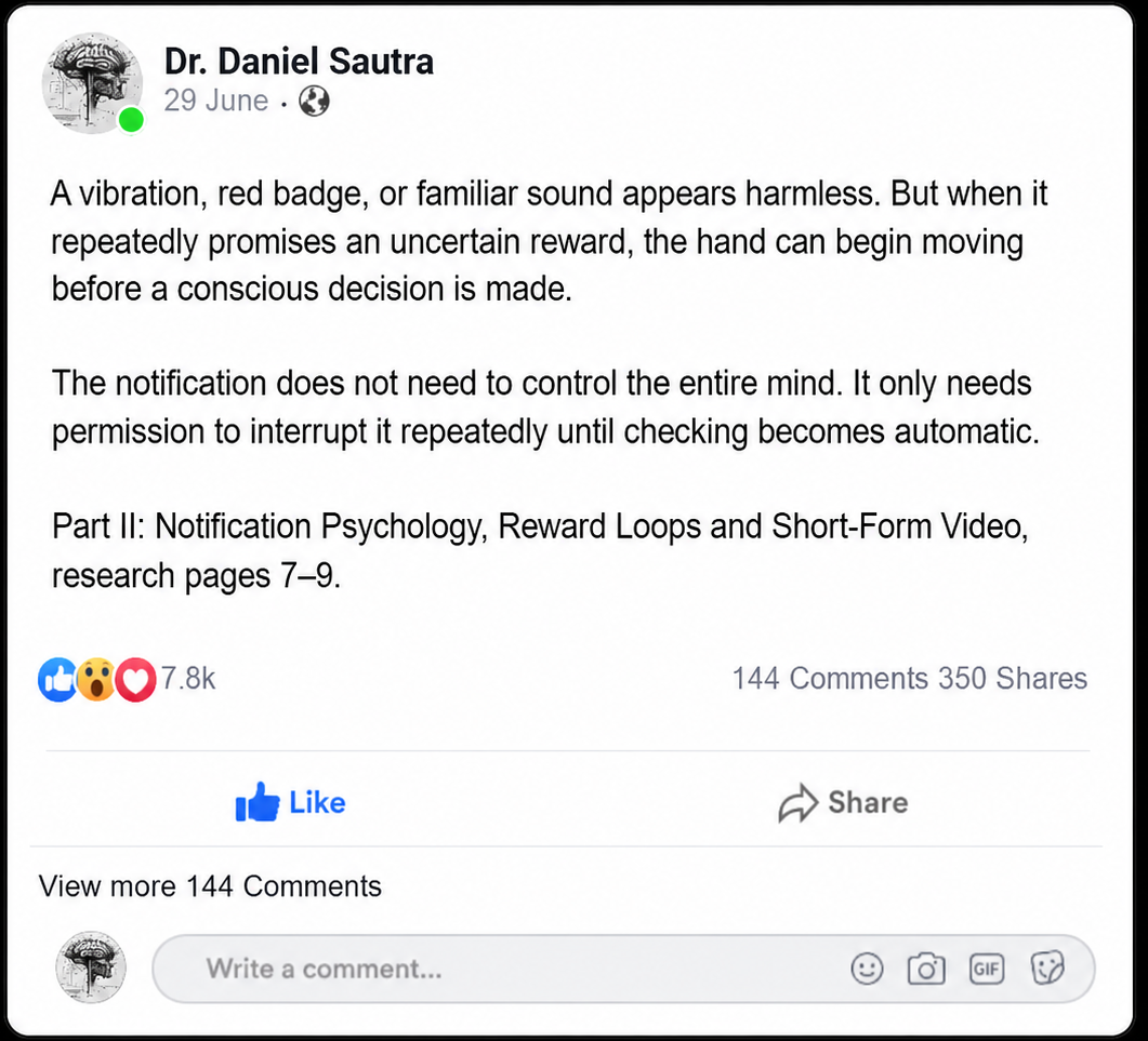 A screenshot of a Dr. Daniel Sautra social media post about notification psychology and reward loops, presented on a white card with black and gold border accents.