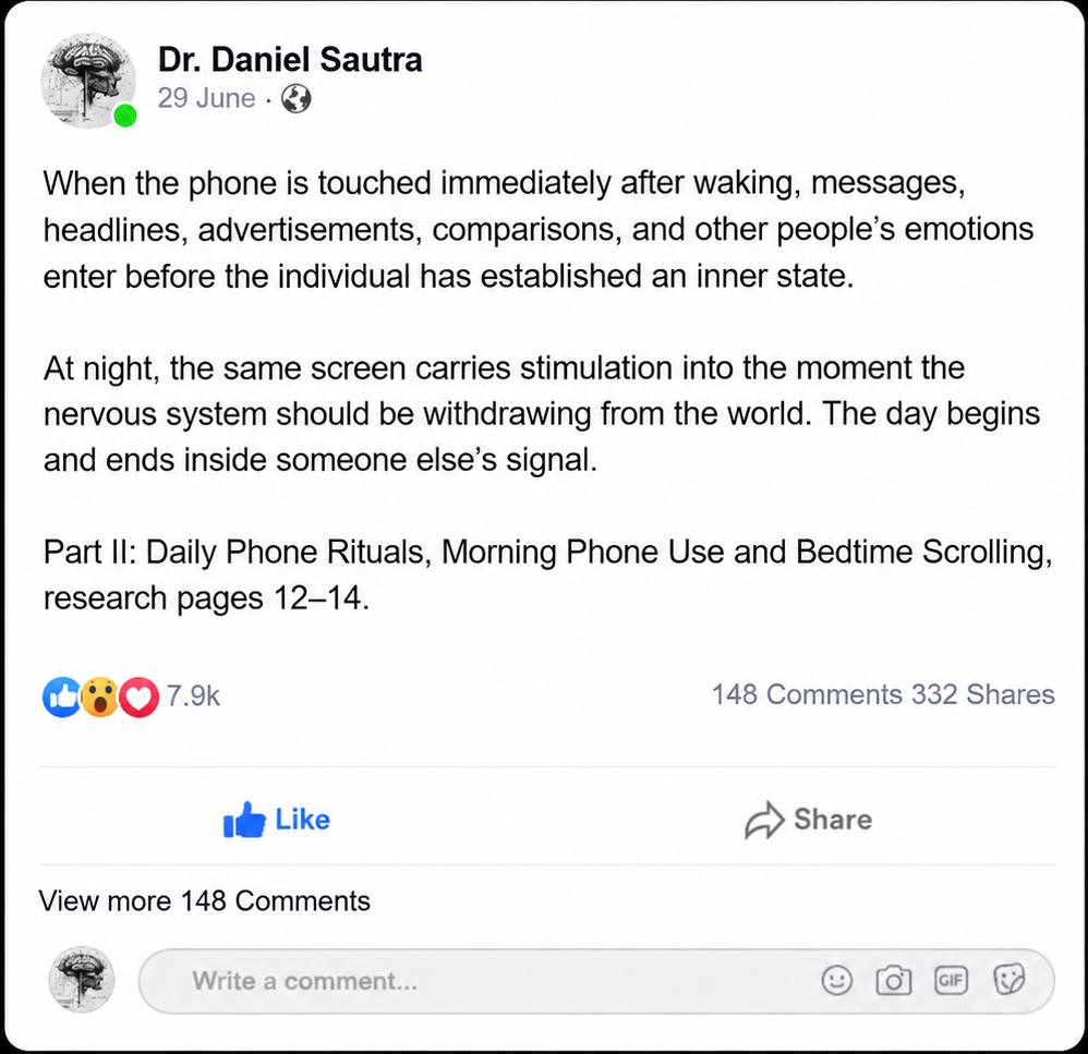 A screenshot-style graphic of a Facebook post by Dr. Daniel Sautra with text about phone use and bedtime scrolling, surrounded by a black background with a thin gold border.