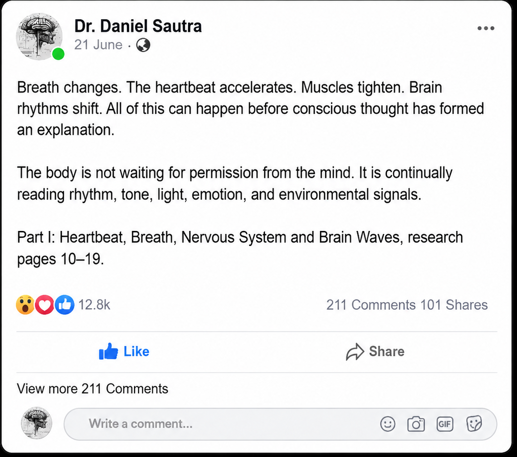 A screenshot of a Facebook post by Dr. Daniel Sautra about breathing, heartbeat, and nervous system waves, centered inside a black rounded square with a gold border.